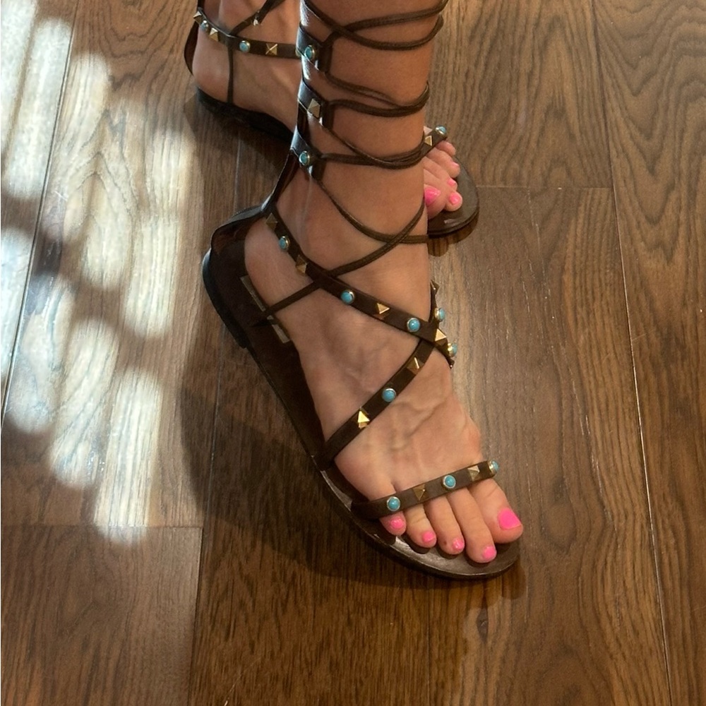 Valentino Rockstud Gladiator Sandals with Brown Leather Turquoise gold  Studs 38